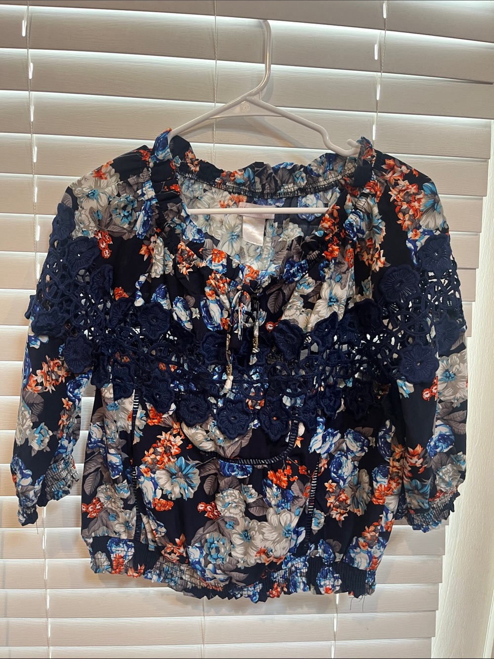Floral Crochet-Trim Navy Peasant Top